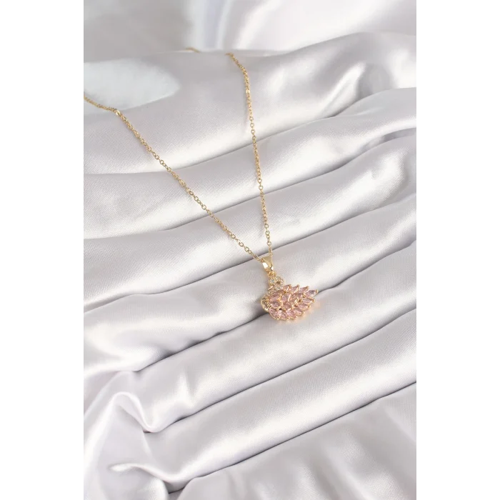BUĞZ 316L Çelik Gold Renk Zincir Pembe Zirkon Taşlı Kuğu Model Kadın Kolye