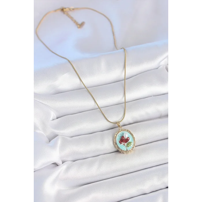 BUĞZ 316L Çelik Gold Renk Zincir Turkuaz Mineli İncili Çiçek İşlemeli Portre Model Kadın Kolye - BUĞZ