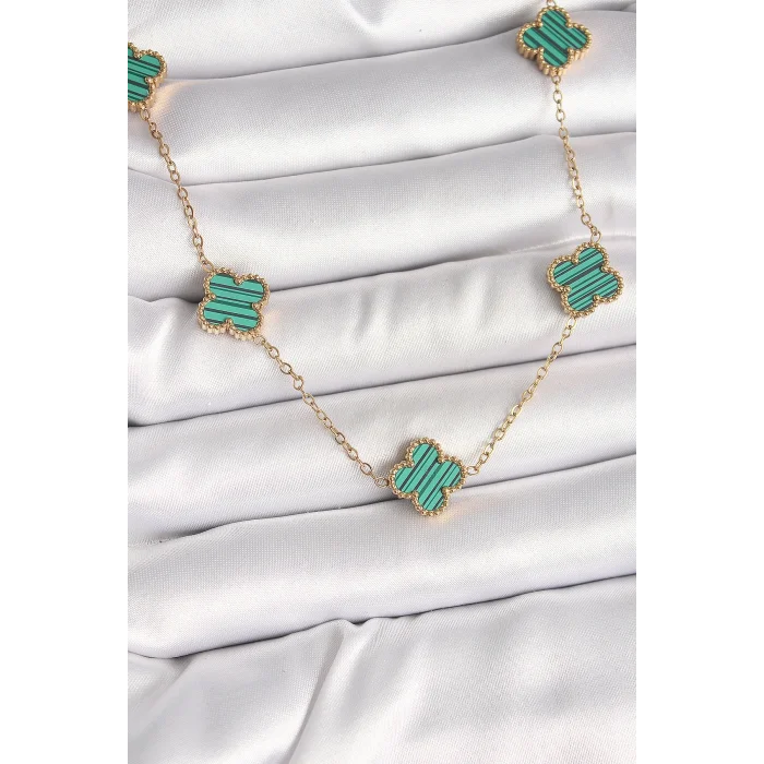 BUĞZ 316L Çelik Gold Renk Zincir Yeşil Yonca Model Kadın Kolye