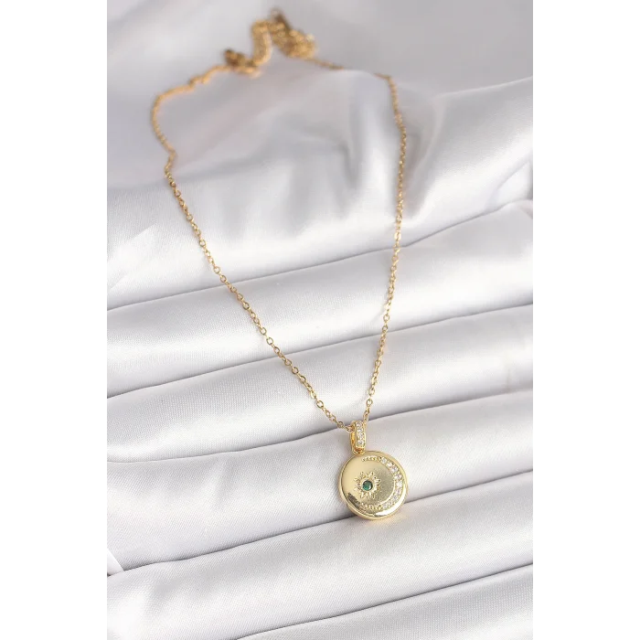 BUĞZ 316L Çelik Gold Renk Zincir Zirkon Taş İşlemeli Hilal Yıldız İşlemeli Madalyon Model Kadın Kolye - Lisinya