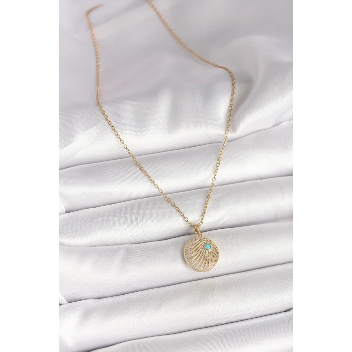 BUĞZ 316L Çelik Gold Renk Zincir Zirkon Taş İşlemeli Mavi Taş Detaylı Madalyon Model Kadın Kolye - Lisinya