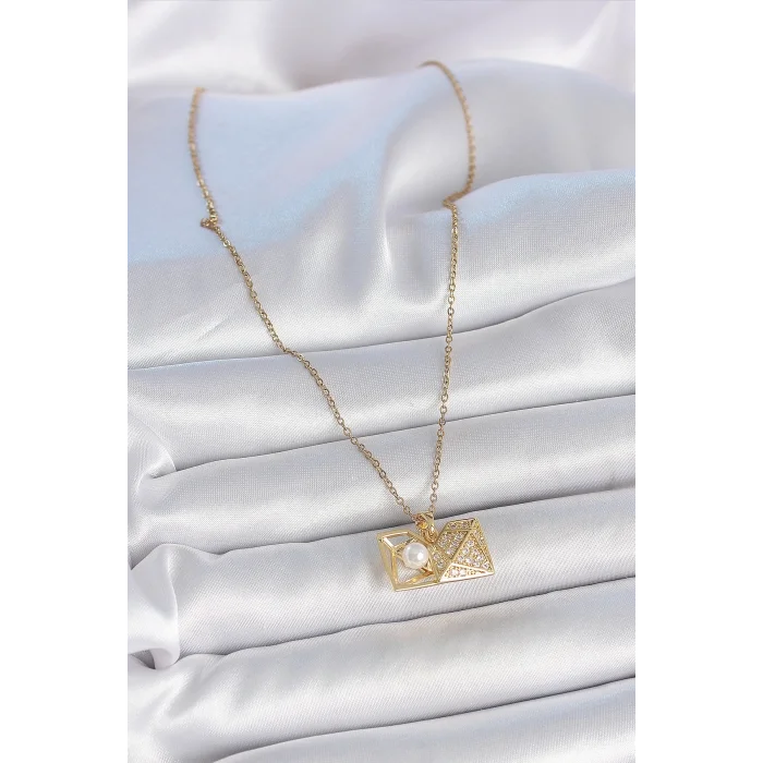 BUĞZ 316L Çelik Gold Renk Zincir Zirkon Taşlı Açılır İncili Elmas Model Kadın Kolye