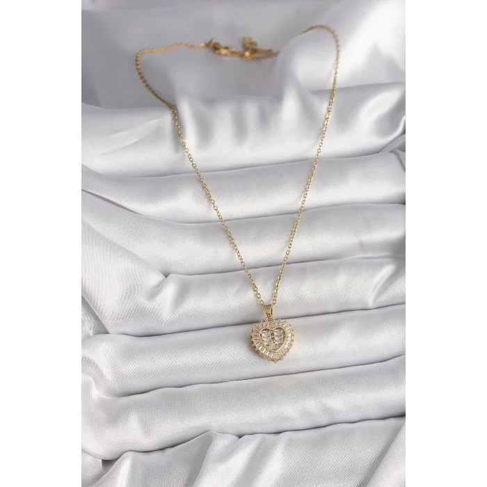 BUĞZ 316L Çelik Gold Renk Zincir Zirkon Taşlı Kalp Model Kadın Kolye - BUĞZ