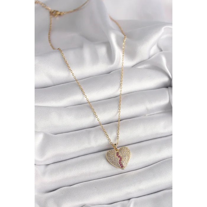 BUĞZ 316L Çelik Gold Renk Zincir Zirkon Taşlı Kalp Model Kadın Kolye - Lisinya