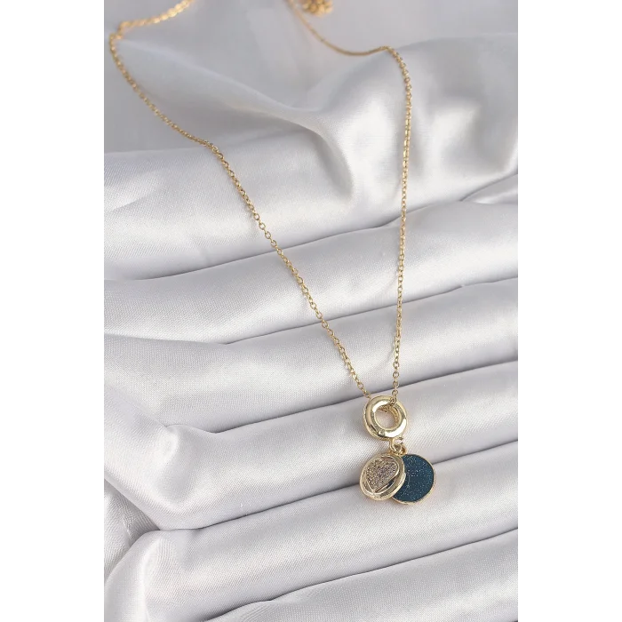BUĞZ 316L Çelik Gold Renk Zincir Zirkon Taşlı Kalp Model Mavi Simli Kadın Kolye - Lisinya