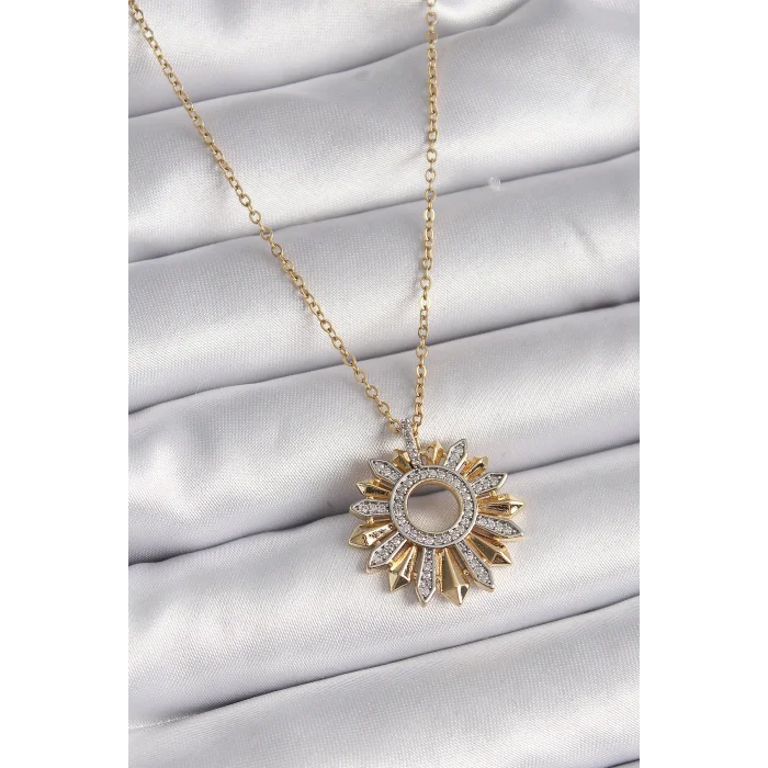 BUĞZ 316L Çelik Gold Renk Zincir Zirkon Taşlı Mix Renk Güneş Model Kadın Kolye