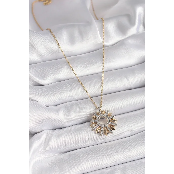 BUĞZ 316L Çelik Gold Renk Zincir Zirkon Taşlı Mix Renk Güneş Model Kadın Kolye