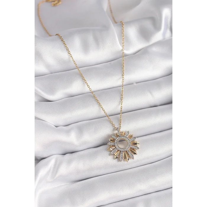 BUĞZ 316L Çelik Gold Renk Zincir Zirkon Taşlı Mix Renk Güneş Model Kadın Kolye - BUĞZ