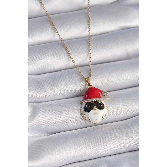 BUĞZ 316L Çelik Gold Renk Zincir Zirkon Taşlı Yılbaşı Temalı Noel Baba Figür Kadın Kolye