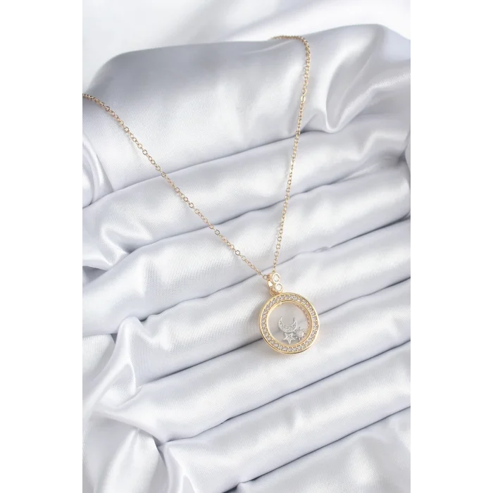 BUĞZ 316L Çelik Gold Renk Zirkon Taş Detay Ay Yıldız Fanus Model Kadın Kolye - Lisinya