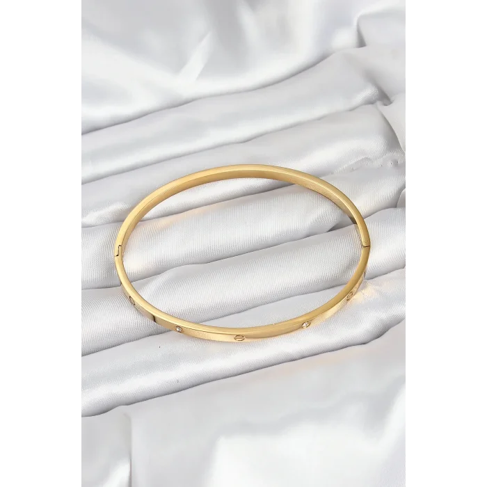 BUĞZ 316L Çelik Gold Renk Zirkon Taşlı 65 mm İnce Kadın Kelepçe Bileklik