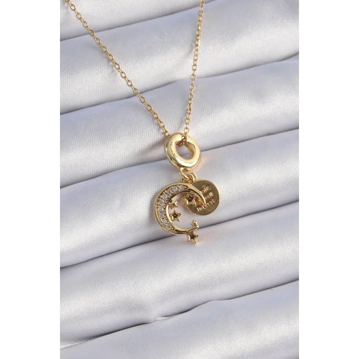 BUĞZ 316L Çelik Gold Renk Zirkon Taşlı Ay Yıldız  Model Charm Model Kadın Kolye