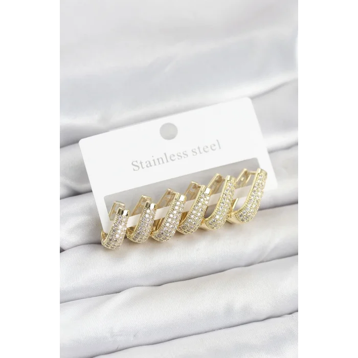 BUĞZ 316L Çelik Gold Renk Zirkon Taşlı Damla Halka Küpe Seti