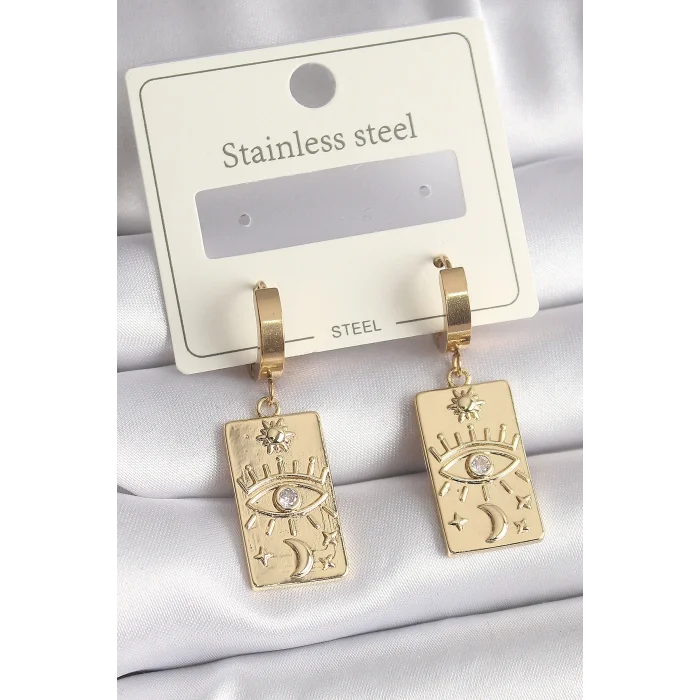 BUĞZ 316L Çelik Gold Renk Zirkon Taşlı Göz İşleme Detay Plaka Model Kadın Küpe