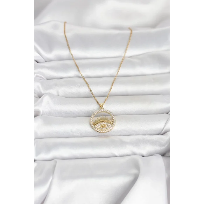 BUĞZ 316L Çelik Gold Renk Zirkon Taşlı Göz Model Kadın Kolye - BUĞZ
