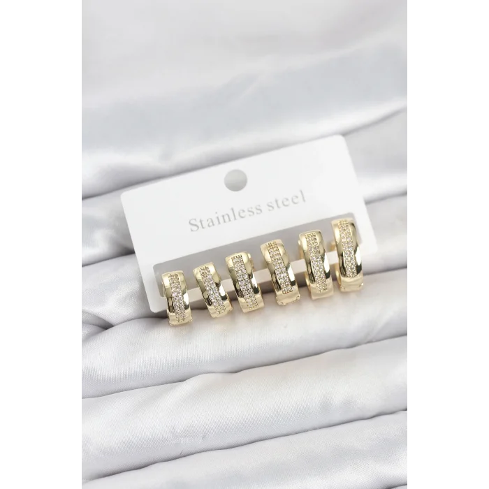 BUĞZ 316L Çelik Gold Renk Zirkon Taşlı Halka Küpe Seti