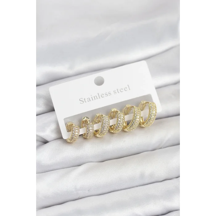 BUĞZ 316L Çelik Gold Renk Zirkon Taşlı Halka Küpe Seti