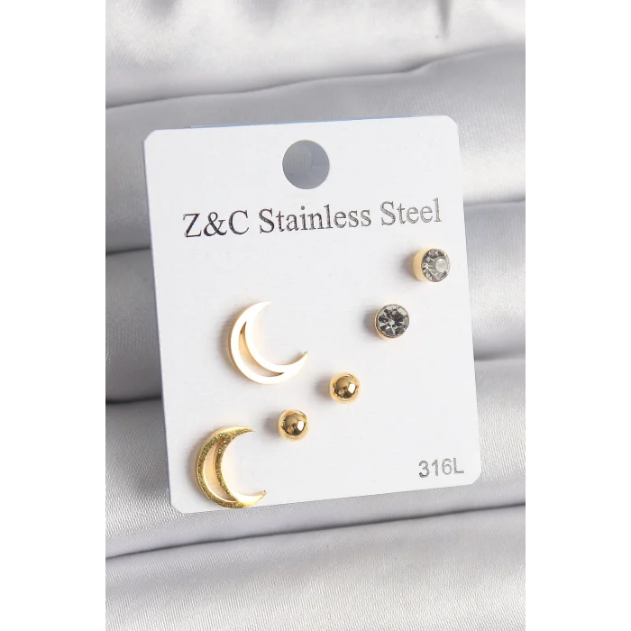BUĞZ 316L Çelik Gold Renk Zirkon Taşlı Hilal Model Kadın Küpe Seti