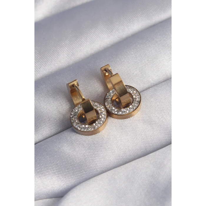 BUĞZ 316L Çelik Gold Renk Zirkon Taşlı İç İçe Geçmeli Oval Küpe