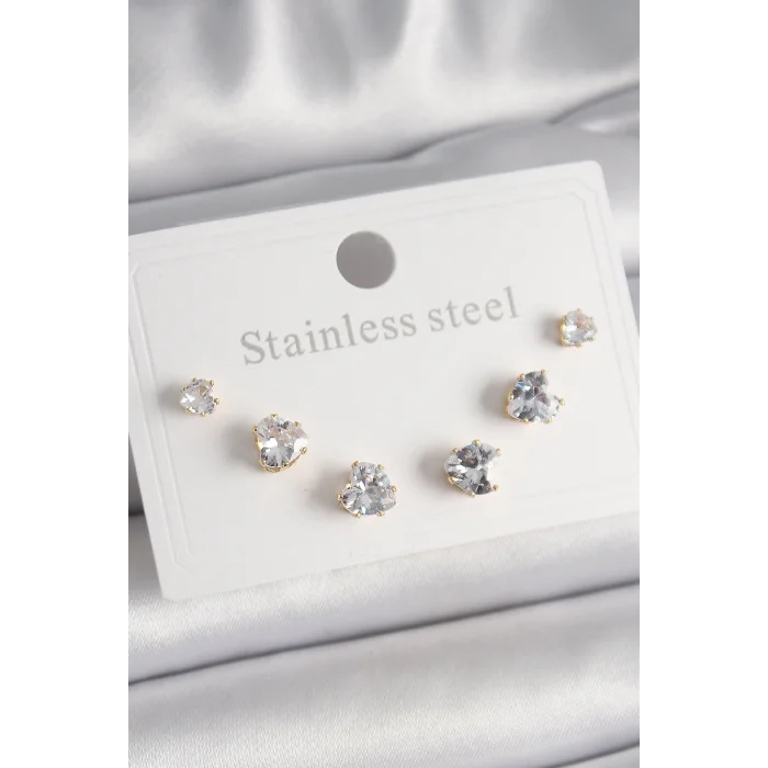 BUĞZ 316L Çelik Gold Renk Zirkon Taşlı Kalp Model Kadın Küpe Seti