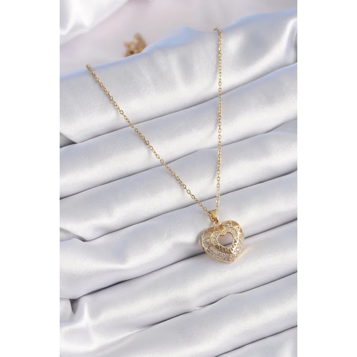 BUĞZ 316L Çelik Gold Renk Zirkon Taşlı Kalp Model Vintage Kadın Kolye - Lisinya