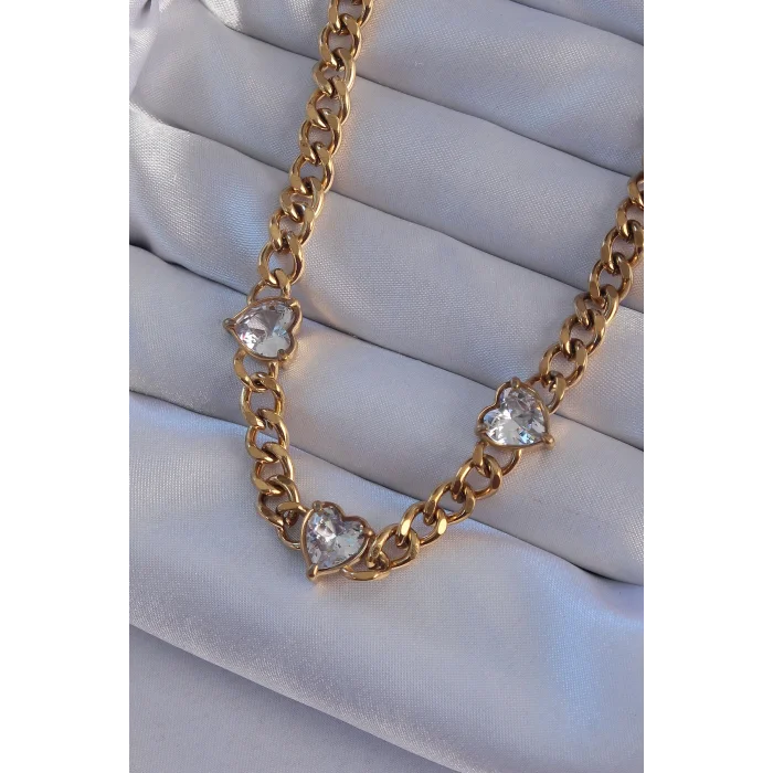 BUĞZ 316L Çelik Gold Renk Zirkon Taşlı Kalp Model Zincir Kolye