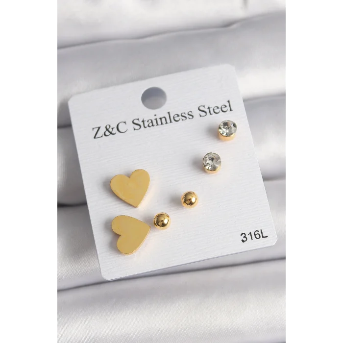 BUĞZ 316L Çelik Gold Renk Zirkon Taşlı Kalpli Kadın Küpe Seti