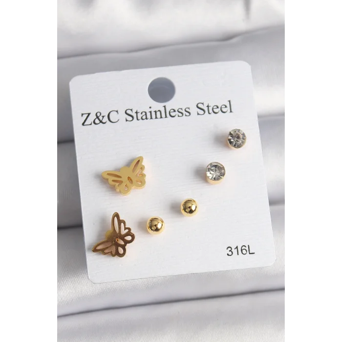 BUĞZ 316L Çelik Gold Renk Zirkon Taşlı Kelebek Figür Kadın Küpe Seti