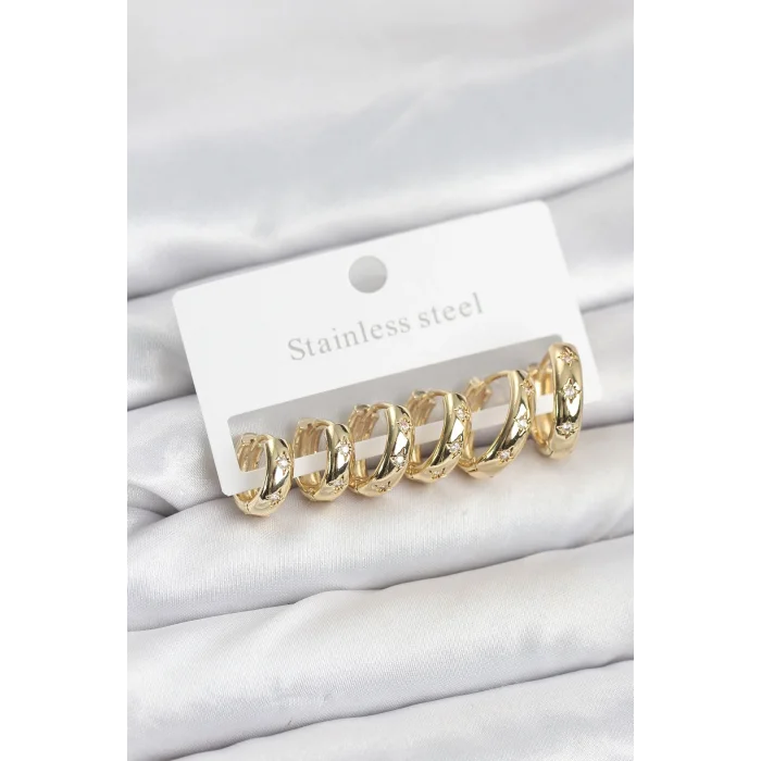 BUĞZ 316L Çelik Gold Renk Zirkon Taşlı Kutup Yıldızı Model Halka Küpe Seti