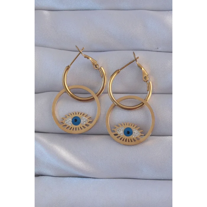 BUĞZ 316L Çelik Gold Renk Zirkon Taşlı Mavi Göz Tasarımlı Halka Küpe