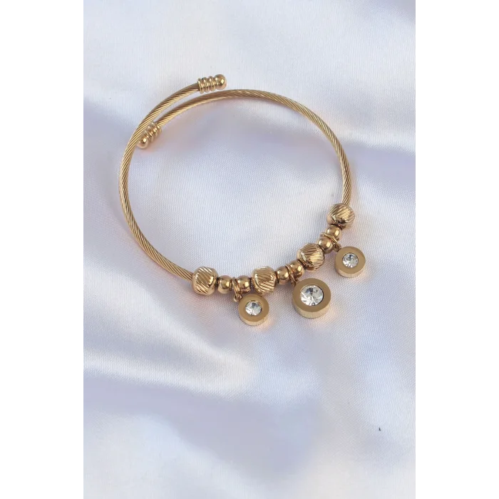 BUĞZ 316L Çelik Gold Renk Zirkon Taşlı Model Charm Bileklik