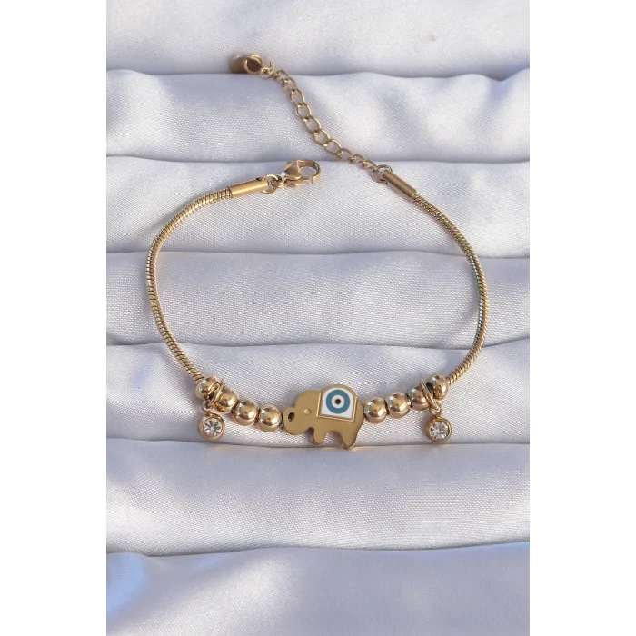 BUĞZ 316L Çelik Gold Renk Zirkon Taşlı Nazarlı Fil Tasarımlı Bileklik