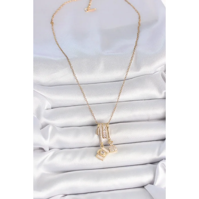 BUĞZ 316L Çelik Gold Renk Zirkon Taşlı Sallantı Fotoğraf Makinası Figür Charm Kadın Kolye - BUĞZ