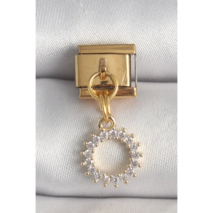 BUĞZ 316L Çelik Gold Renk Zirkon Taşlı Sallantı Güneş Model Nomination Charm