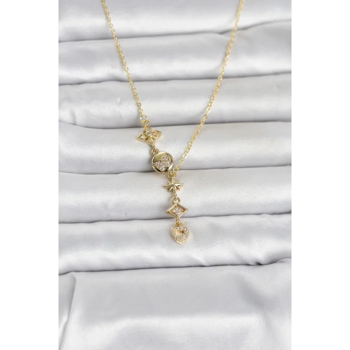 BUĞZ 316L Çelik Gold Renk Zirkon Taşlı Y Kadın Kolye