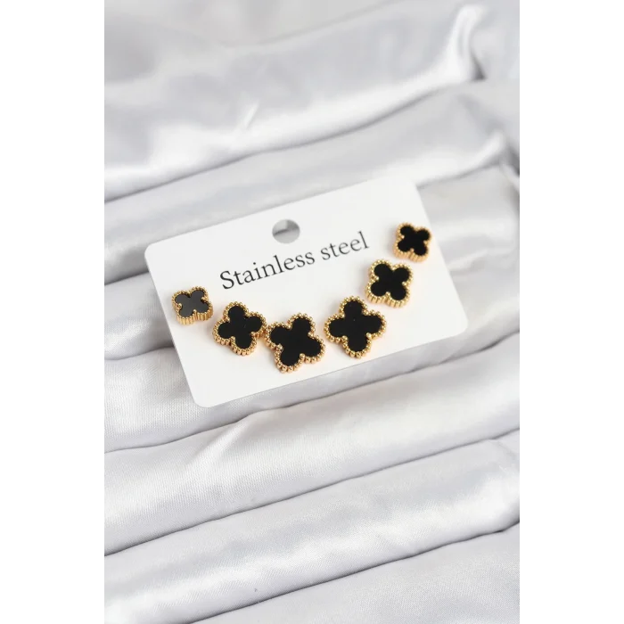 BUĞZ 316L Çelik Gold Siyah Renk 3 Boy Yonca Küpe Seti