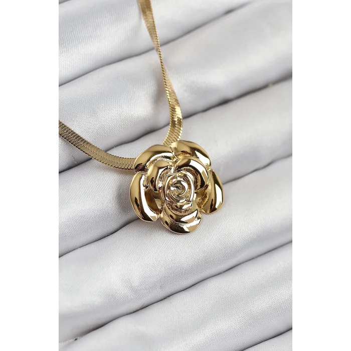 BUĞZ 316L Çelik Gül Figürlü İtalyan Zincir Model Gold Renk Kadın Kolye