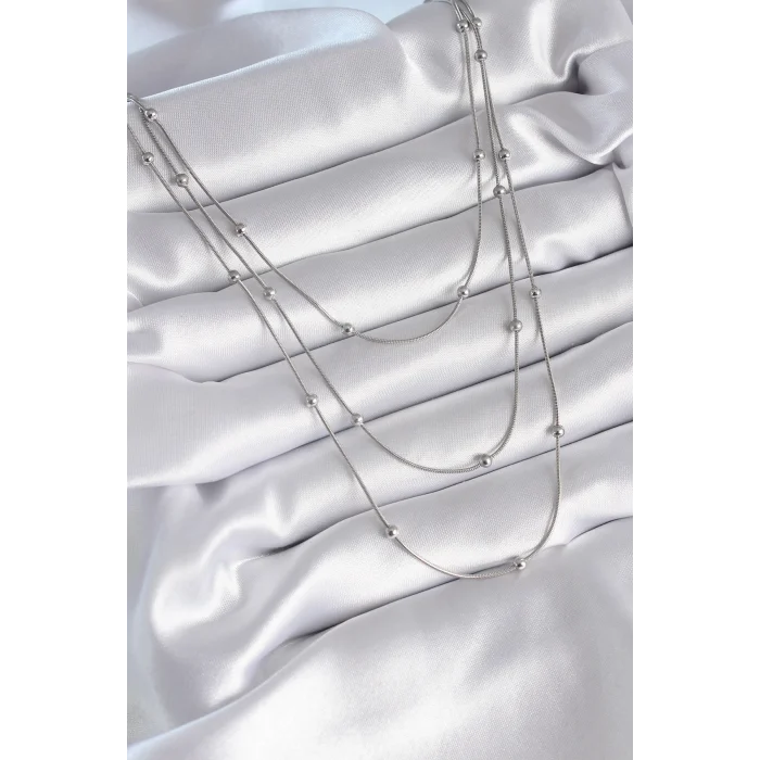 BUĞZ 316L Çelik Gümüş Renk 3lü Topçuk Detay Kadın Kolye