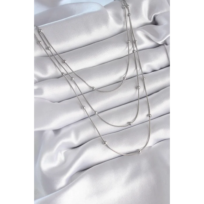 BUĞZ 316L Çelik Gümüş Renk 3lü Topçuk Detay Kadın Kolye - Lisinya