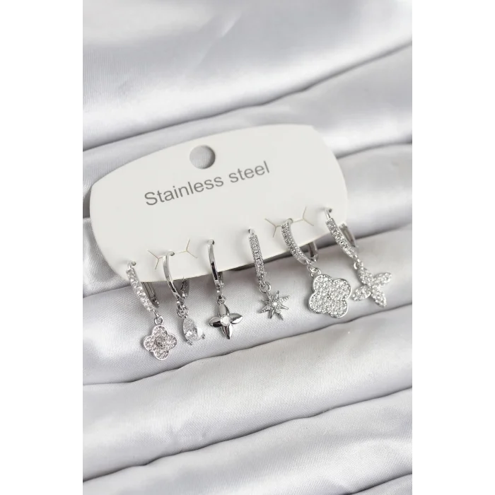 BUĞZ 316L Çelik Gümüş Renk 6lı Set Yonca Model Kadın Küpe