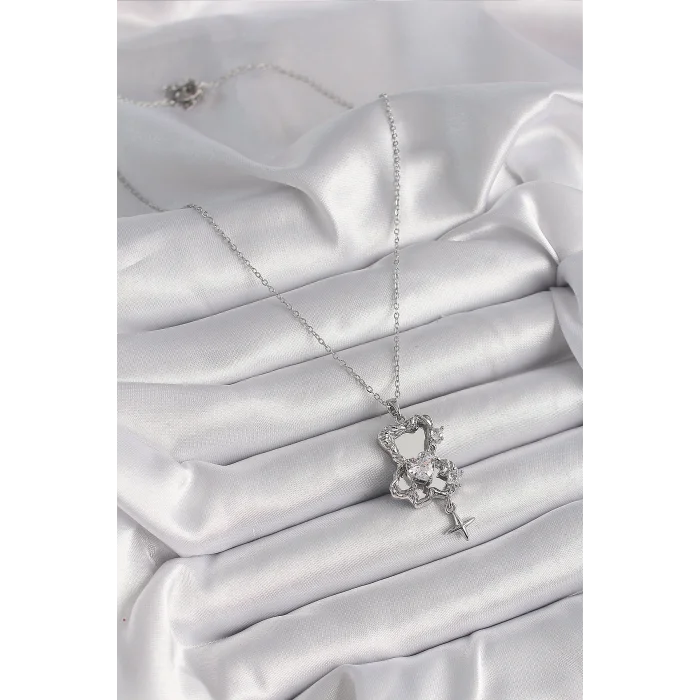 BUĞZ 316L Çelik Gümüş Renk Ayna Ayıcık Model Zirkon Taşlı Kalp Detay Kadın Kolye