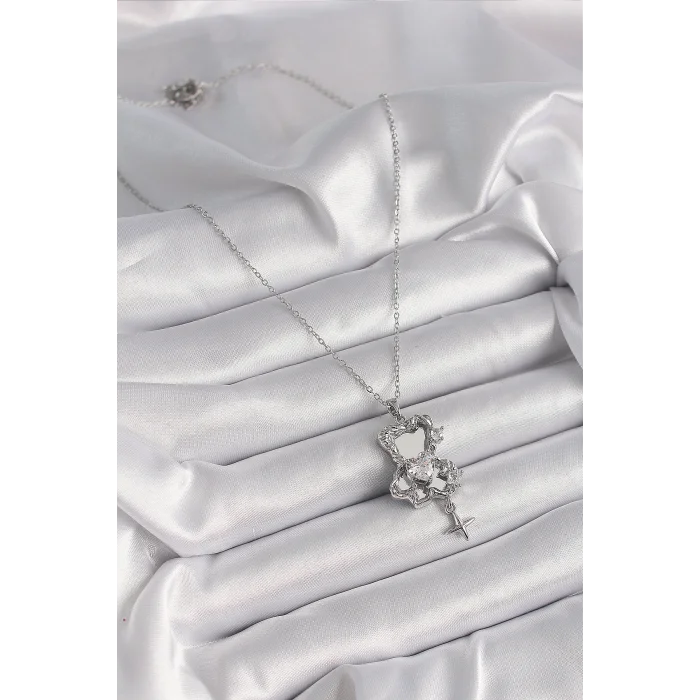 BUĞZ 316L Çelik Gümüş Renk Ayna Ayıcık Model Zirkon Taşlı Kalp Detay Kadın Kolye - Lisinya