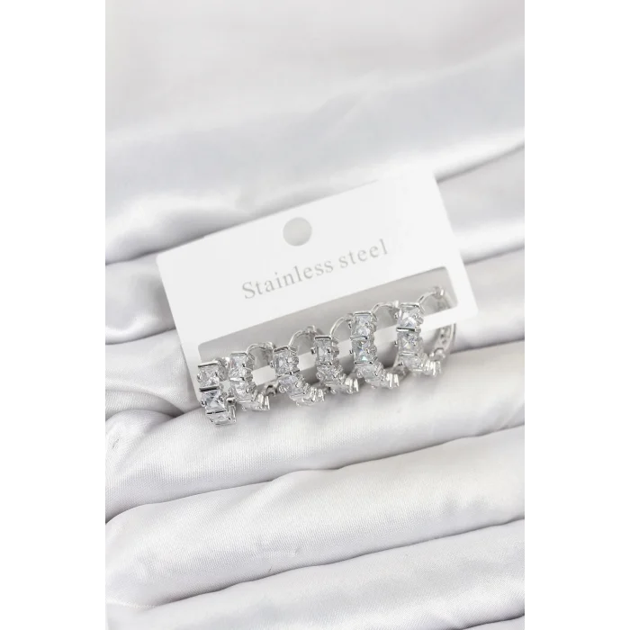 BUĞZ 316L Çelik Gümüş Renk Baget Zirkon Taşlı Halka Küpe Seti