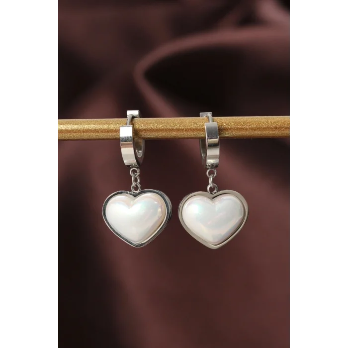 BUĞZ 316L Çelik Gümüş Renk Beyaz Bombeli Kalp Küpe