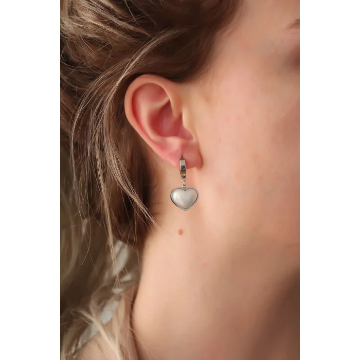 BUĞZ 316L Çelik Gümüş Renk Beyaz Bombeli Kalp Küpe