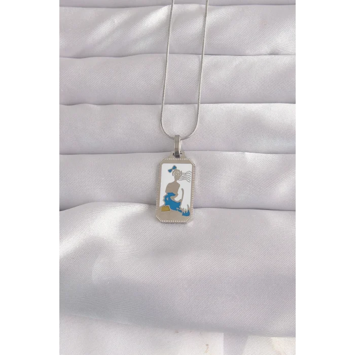 BUĞZ 316L Çelik Gümüş Renk Beyaz Mineli Kız Figür Tarot Kolye