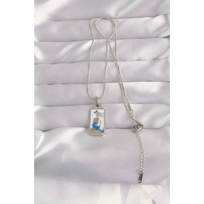BUĞZ 316L Çelik Gümüş Renk Beyaz Mineli Kız Figür Tarot Kolye