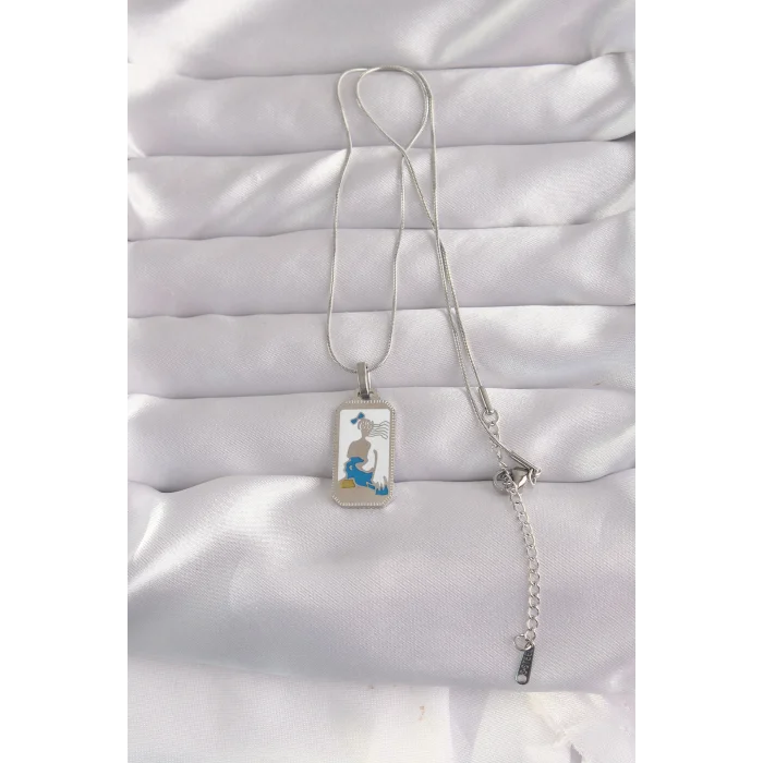 BUĞZ 316L Çelik Gümüş Renk Beyaz Mineli Kız Figür Tarot Kolye - Lisinya