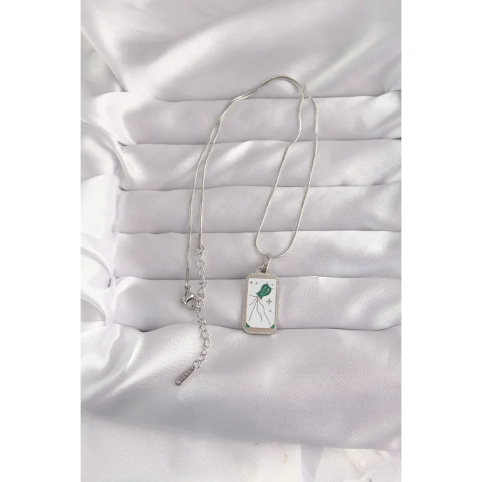 BUĞZ 316L Çelik Gümüş Renk Beyaz Mineli Tarot Kolye - Lisinya