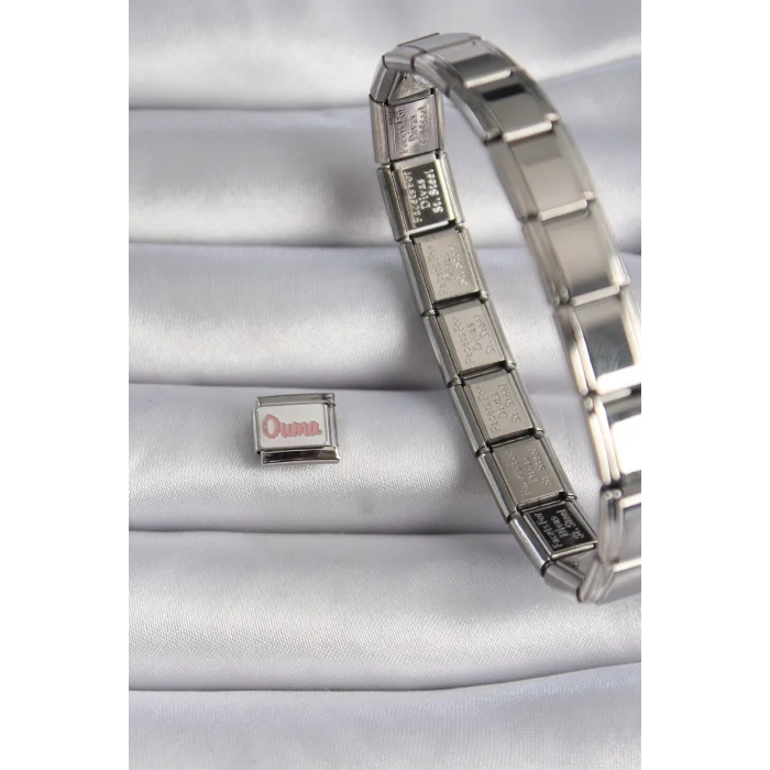 BUĞZ 316L Çelik Gümüş Renk Beyaz Pembe Ouma İşlemeli Nomination Charm